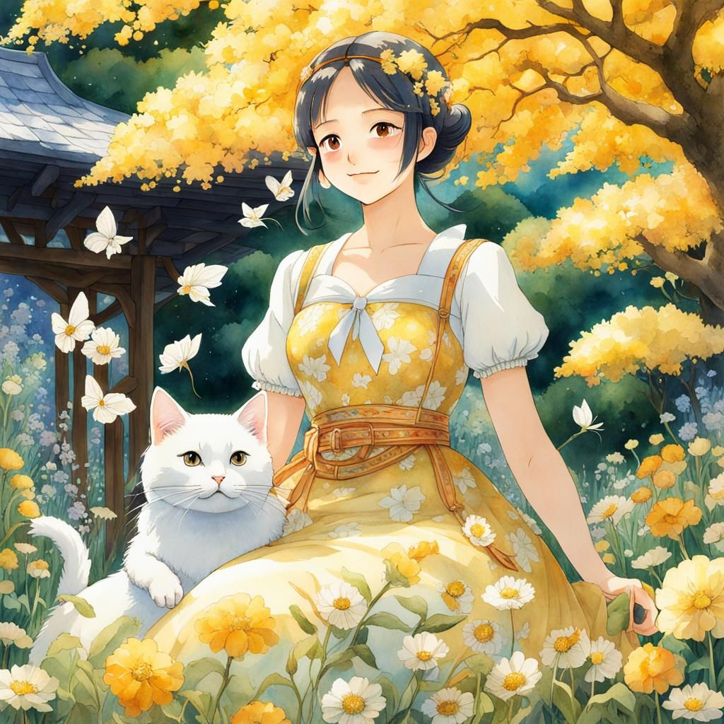Golden Blossom Girl with Cat in Summer Garden