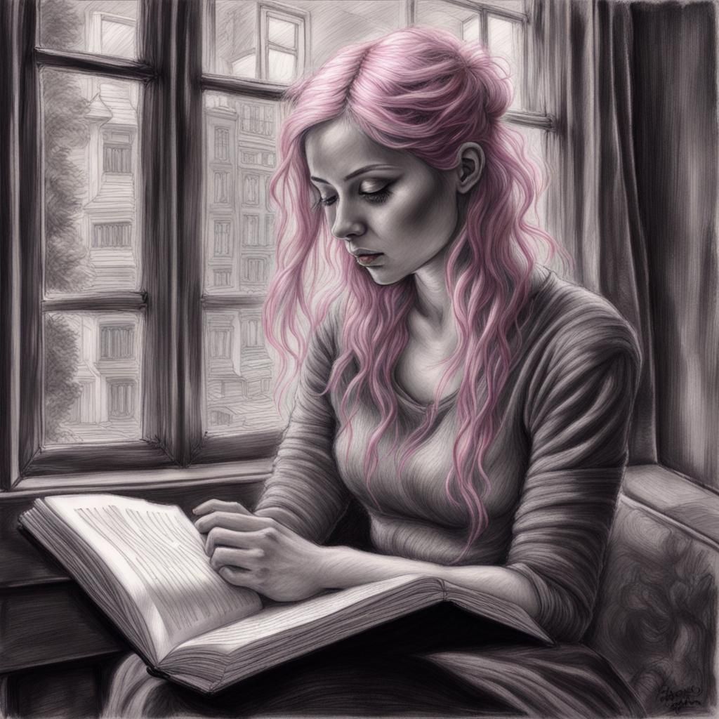 Pink-Haired Woman Reading by Window in Charcoal