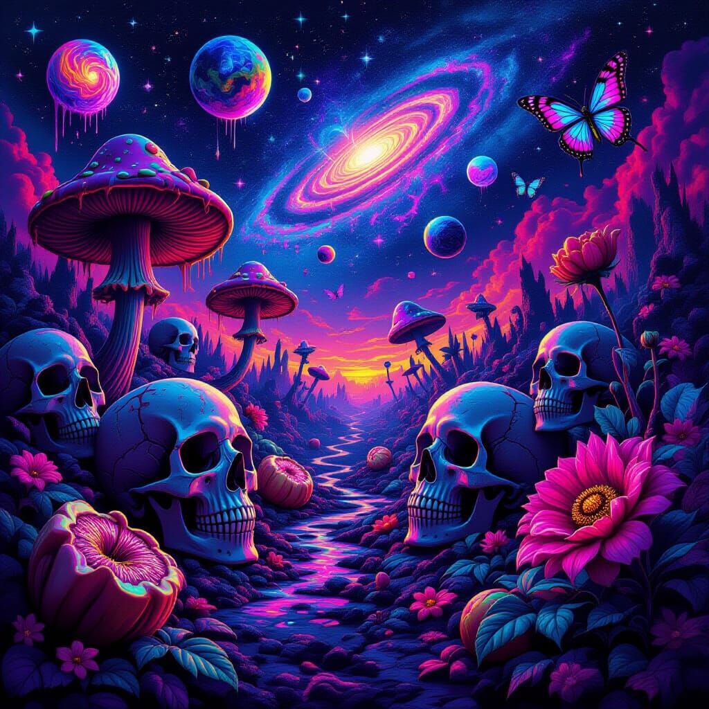 Neon Nightmare Landscape with Skulls and Cosmic Dread