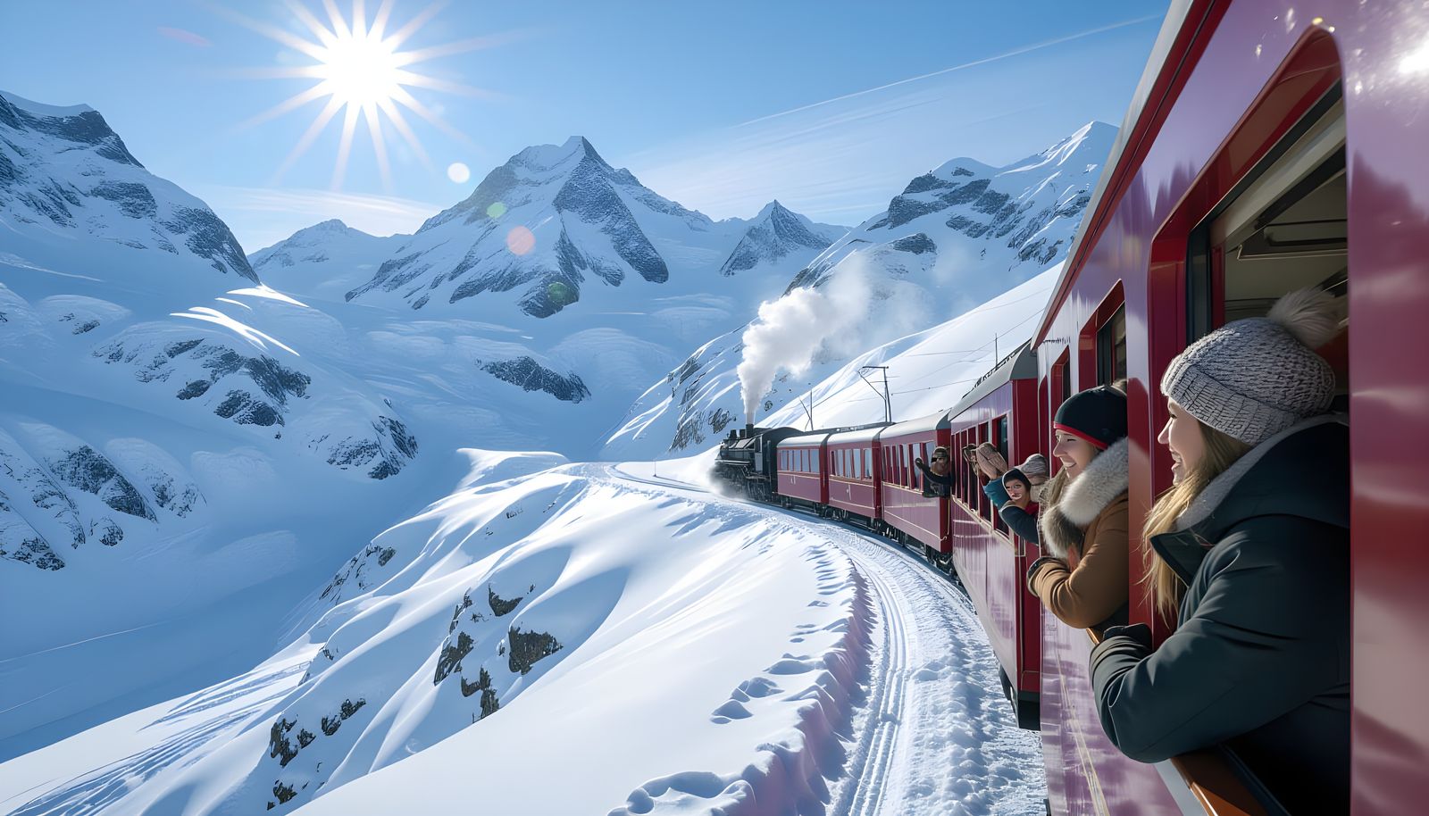 Steam Train Crossing Swiss Alps in Winter