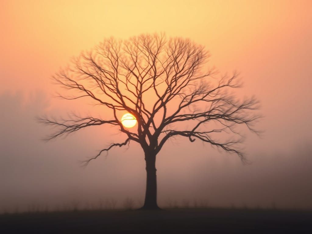 Abstract Tree Stands at Sunrise's Edge