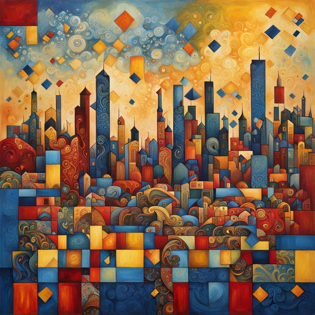 Abstract Cityscape with Geometric Shapes and Swirls