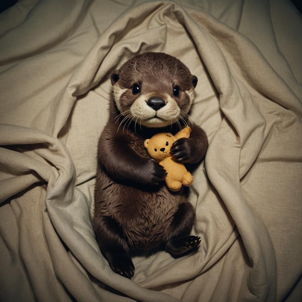 Adorable Otter Cub Snuggles Toy in Cozy Bed