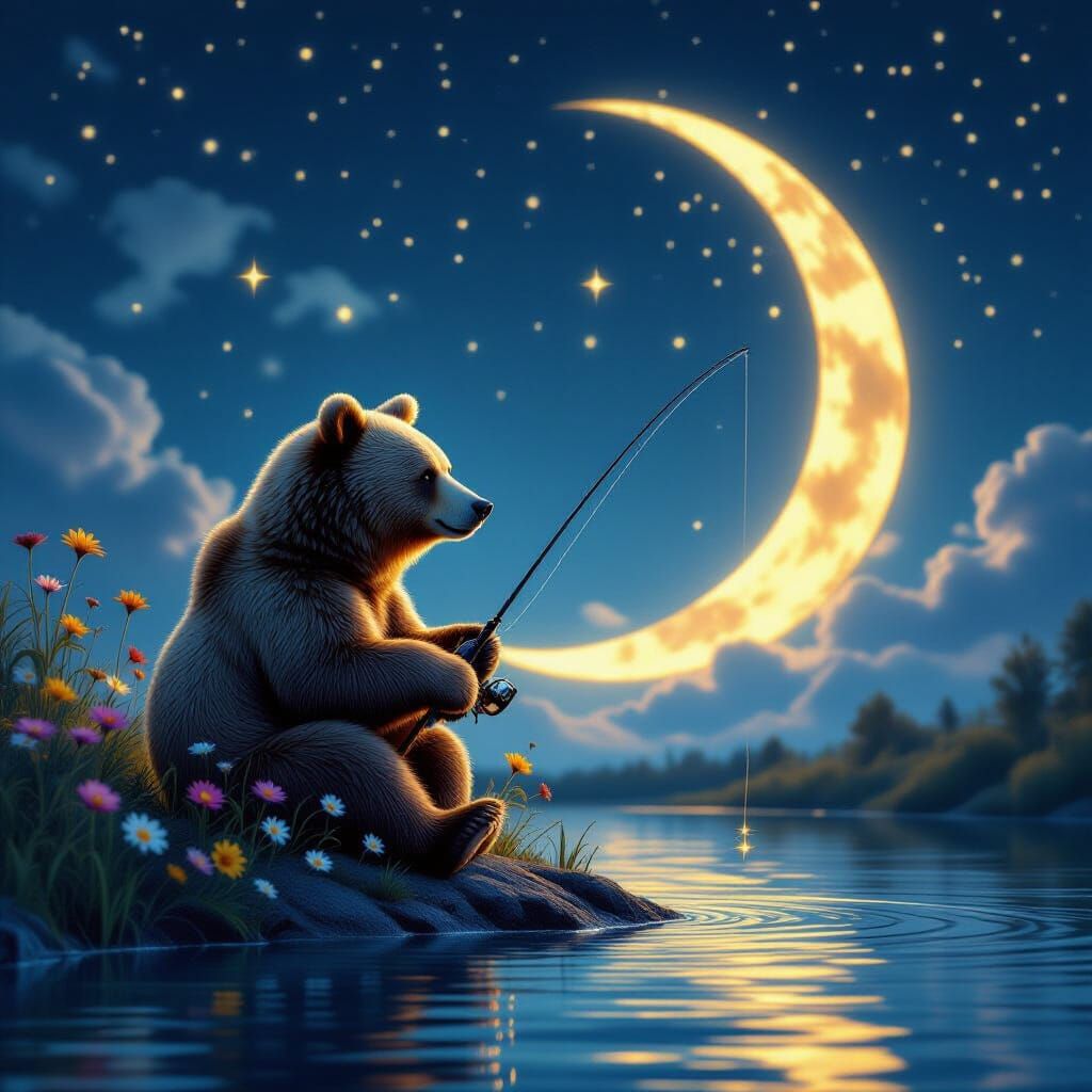 Bear Fishing For Stars On Floral Moonscape