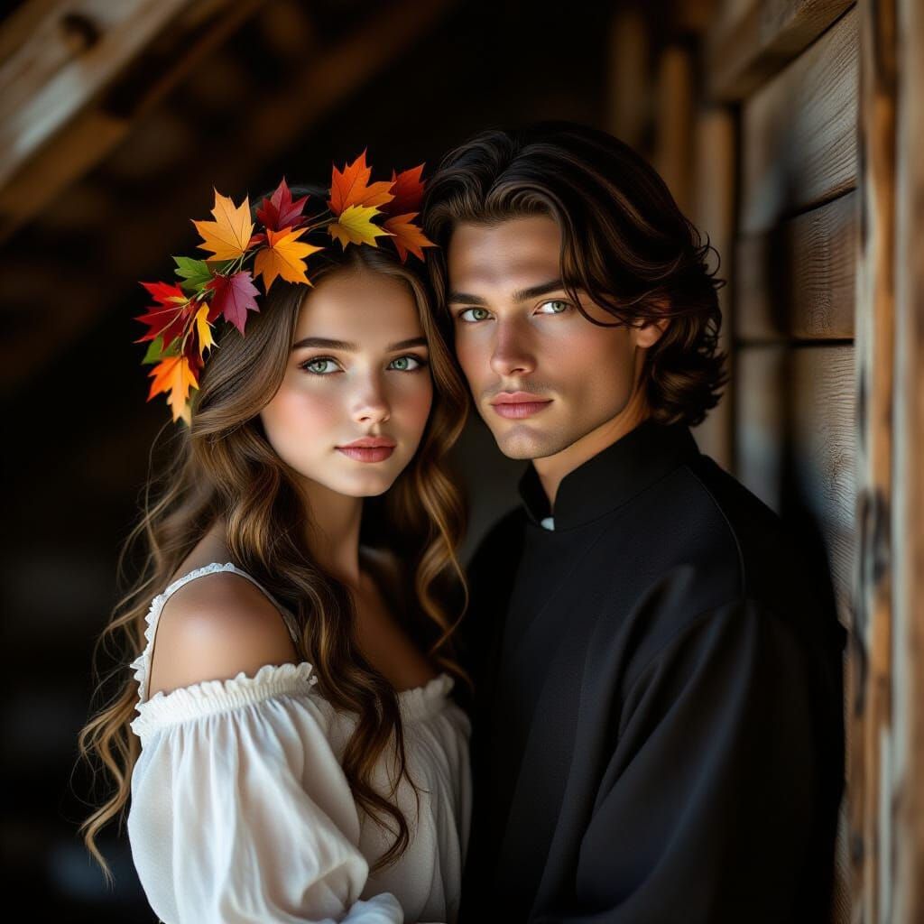 Girl and Monk Embrace in Attic, Photorealistic Style