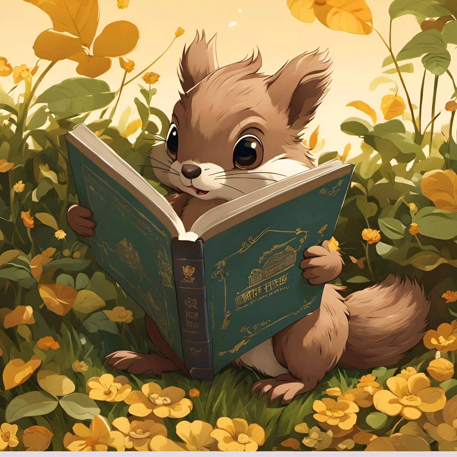 Cute Squirrel Reading Book in Ghibli Anime Style