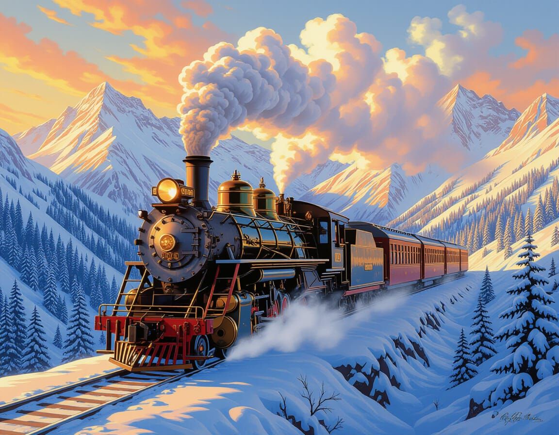 Steampunk Train on Frozen Mountain Pass at Golden Hour