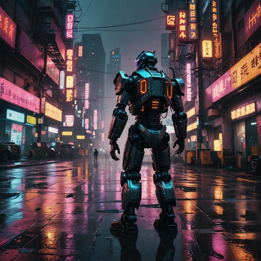 Cyberpunk Robot in Rainy Cityscape