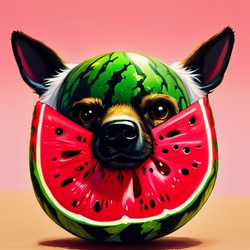 Charming Surreal Watermelon with Canine Face in Oil Painting...