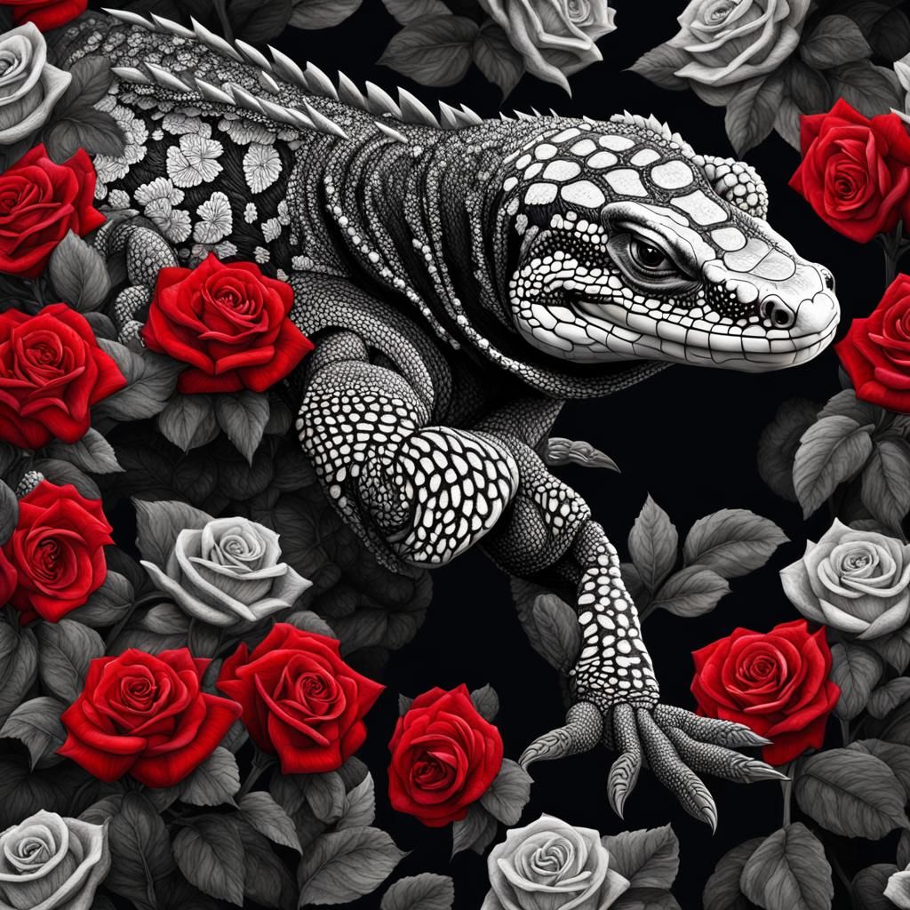 Moody Tegu in Red Roses