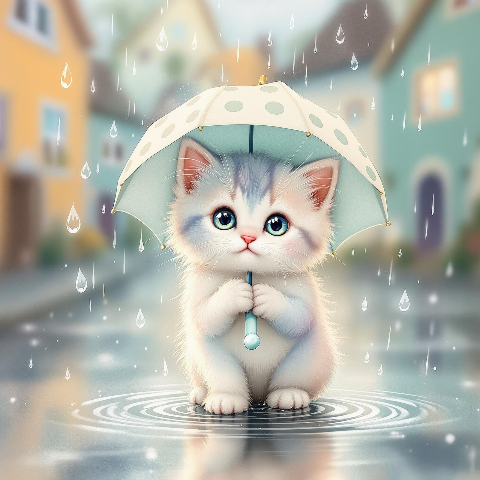 Whimsical Kitten on a Rainy Day in Pastel Hues