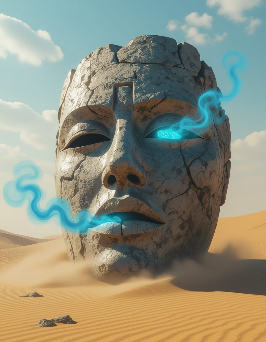 Ancient Stone Mask Exhales Blue Vapor in Deserted Clearing