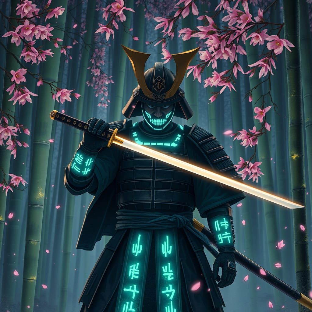 Neon Samurai in Bamboo Forest, Art Nouveau Style