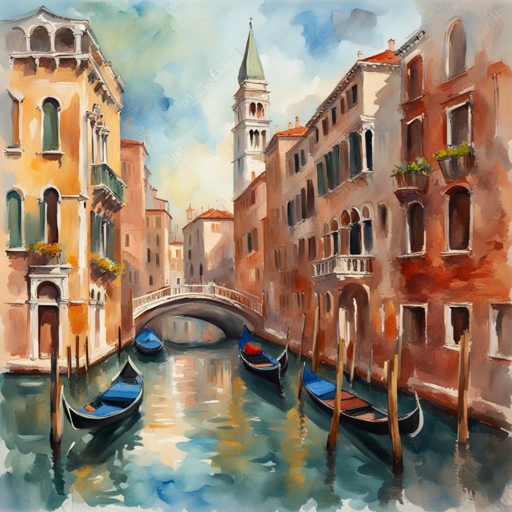 Venice in Gouache Watercolor Impressionist Style