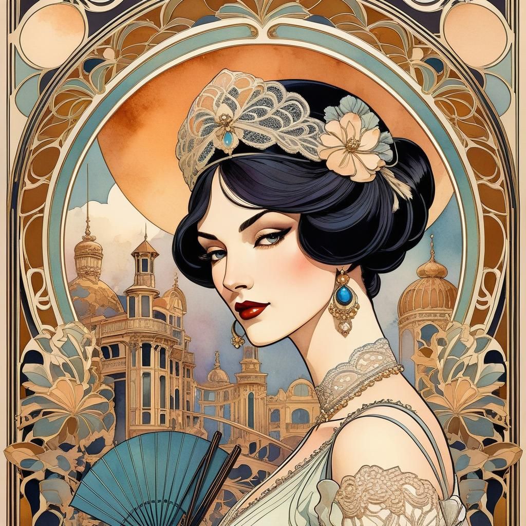Art Nouveau Illustration of Elegant Women in Vintage Style