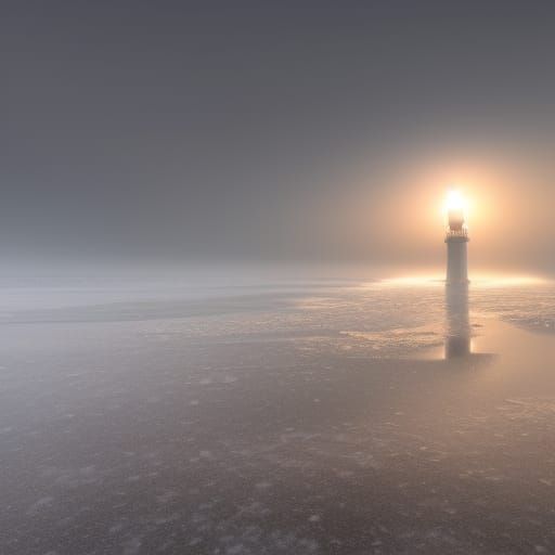 Foggy Winter Beach Scene with Lighthouse