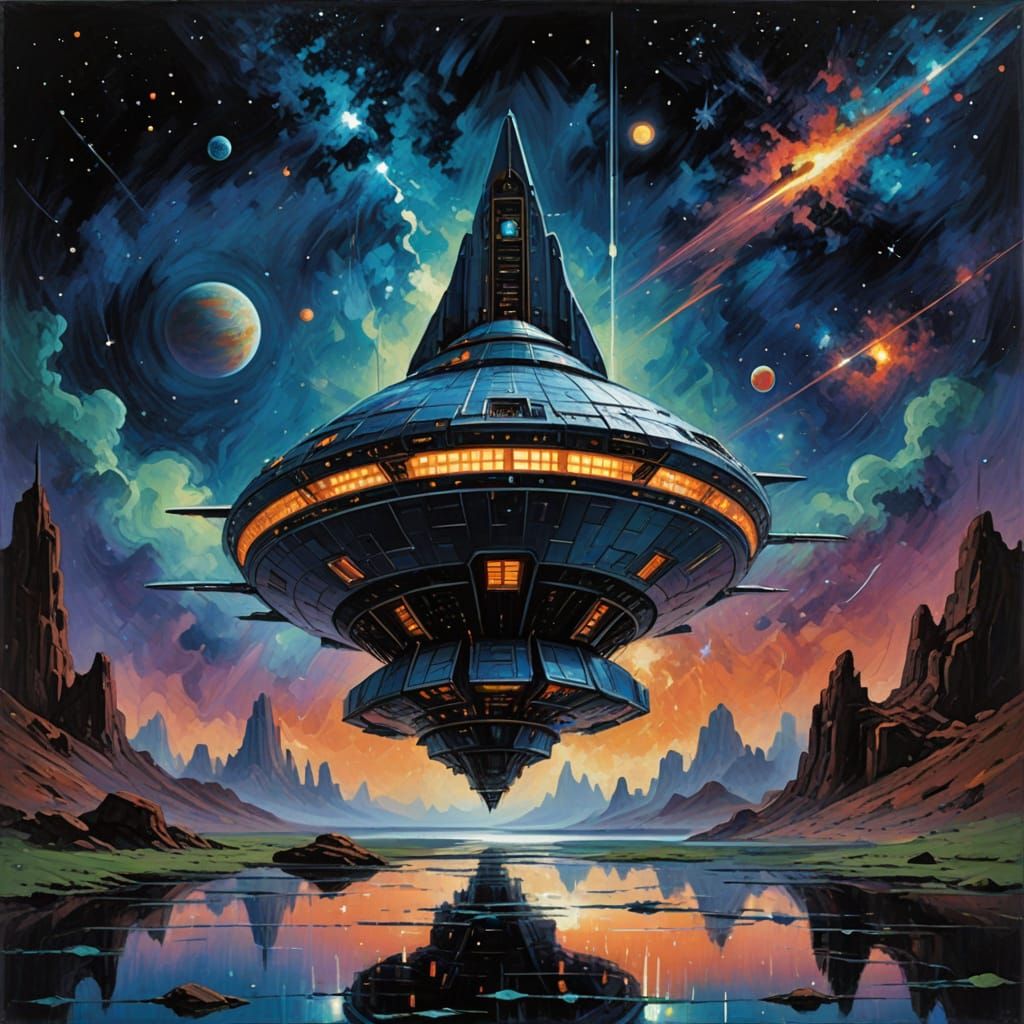 J.W. Waterhouse Style Starship at Galaxy's Edge