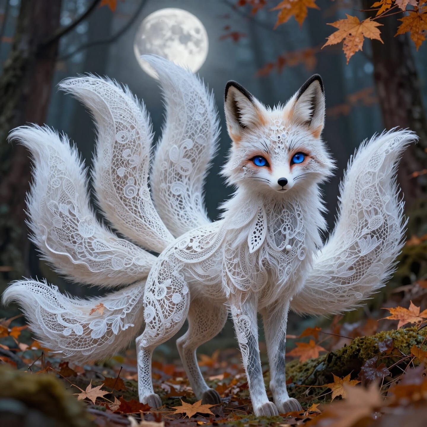 Lace Kitsune Fox in Moonlit Forest