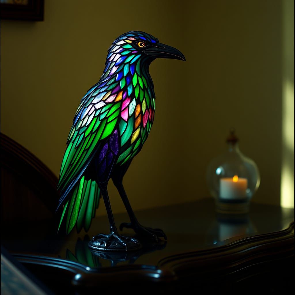Ethereal Stained Glass Raven in Regal Perch