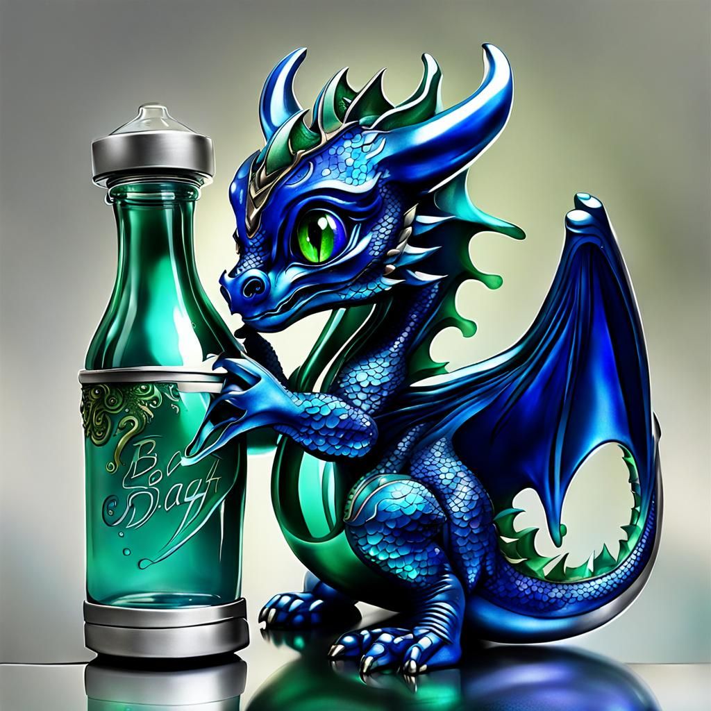 Cobalt Blue Baby Dragon Drinks from Bottle