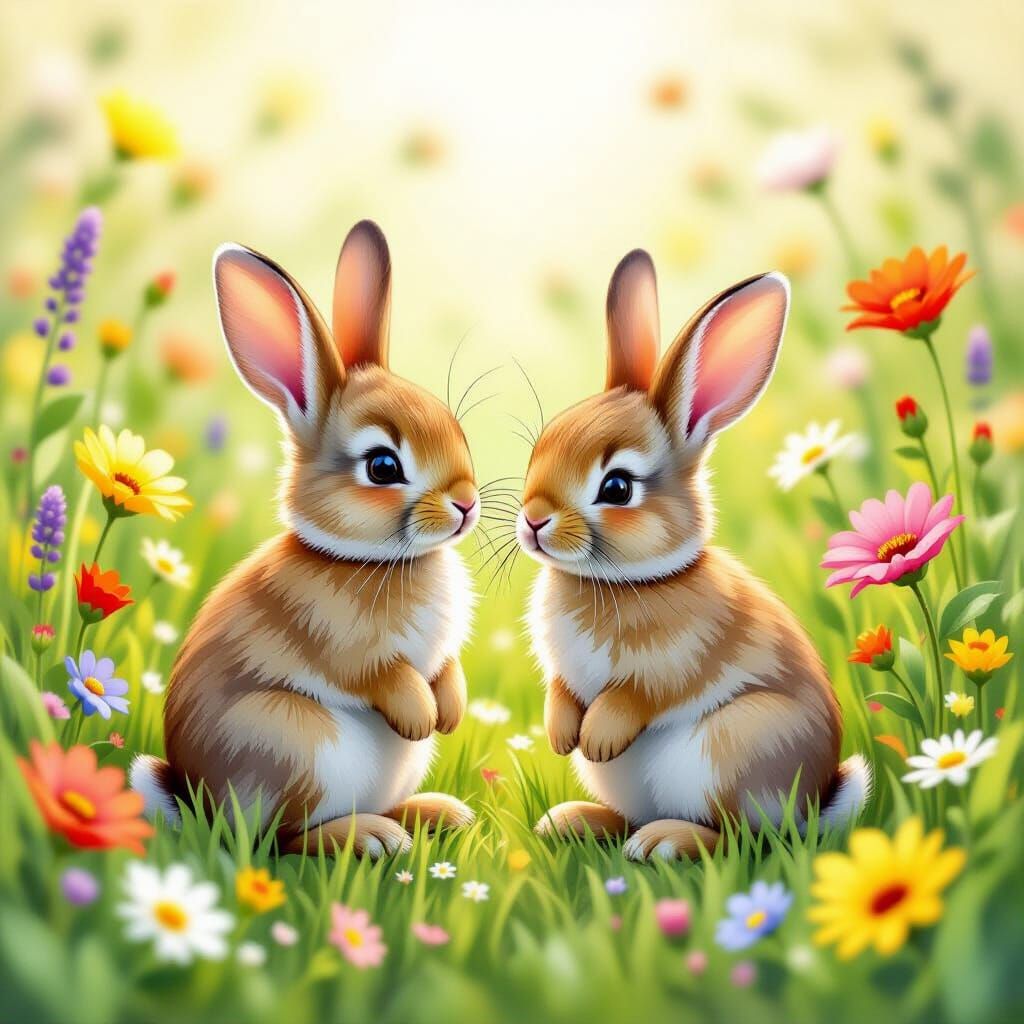 Two Happy Baby Bunnies in a Flower Meadow