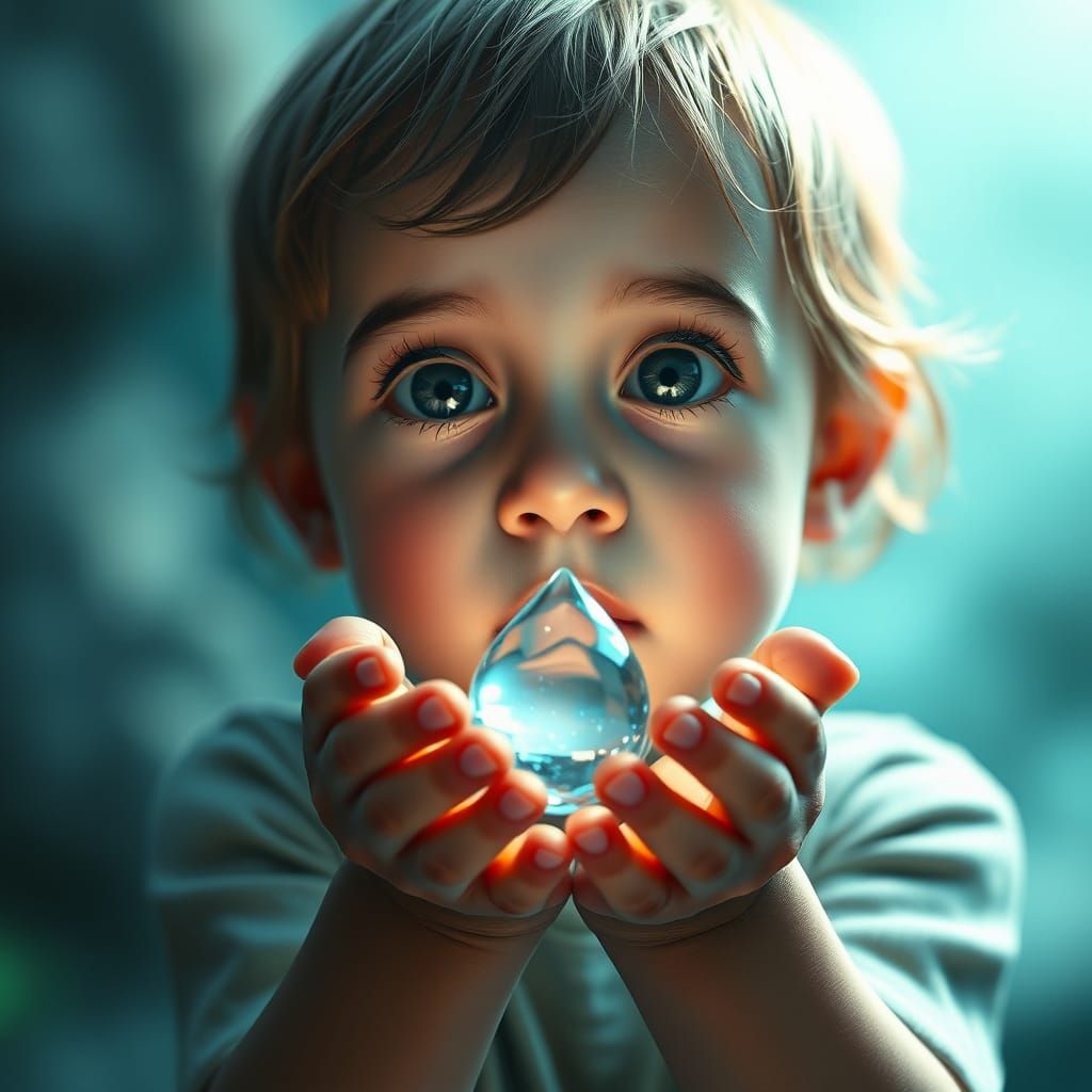 Mystical Water Droplet in the Child's Hands