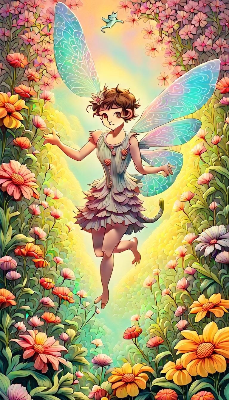 Glimmering Pixie Evades Vibrant Kitten in Whimsical Garden S...