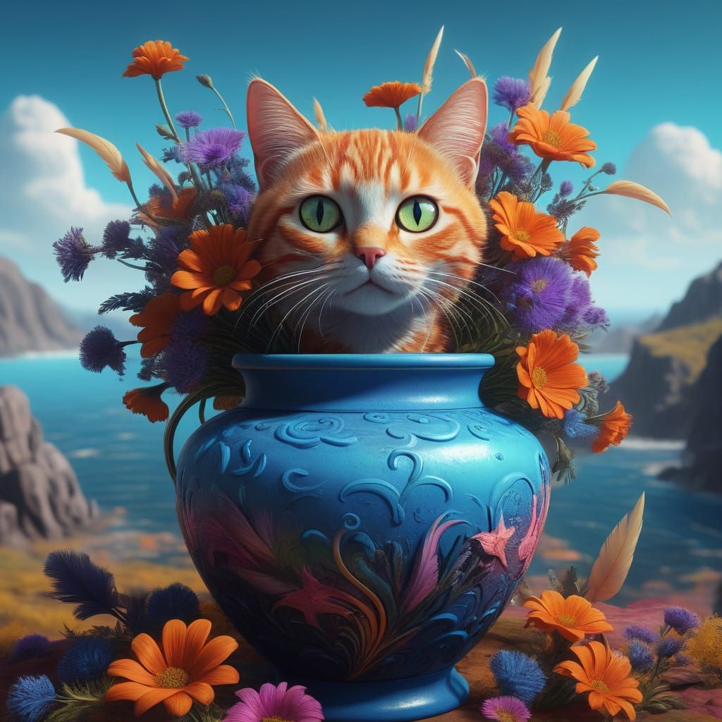 Whimsical Feline Peeks Out of Floral Vase