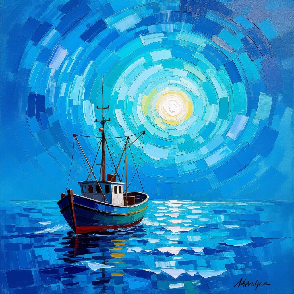 Fishing Trawler on Turquoise Waves: Impasto Oil Painting