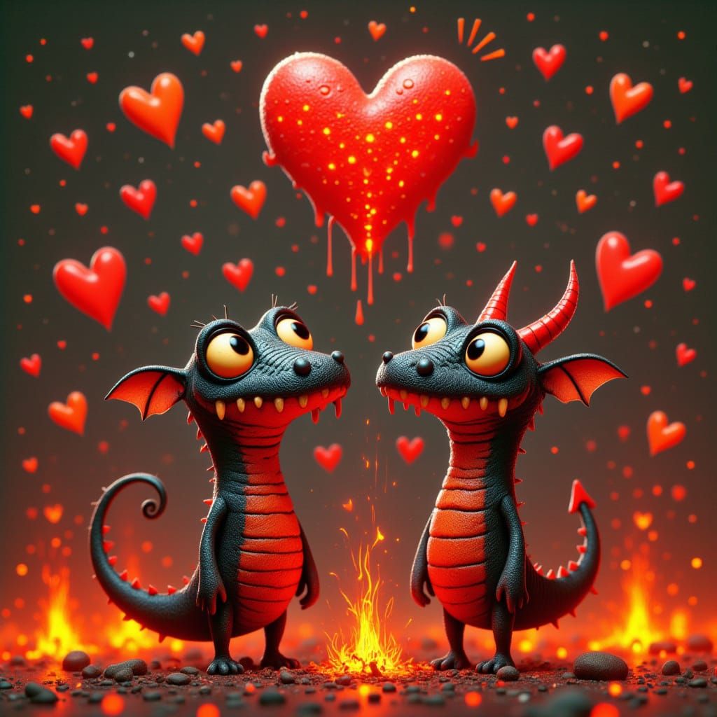 Romantic Lava Creatures with Erupting Volcano of Love