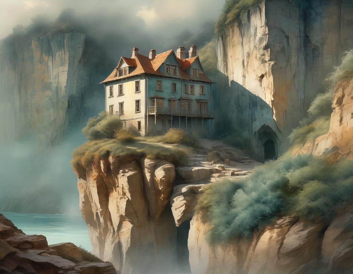 House at the Abyss Edge: Watercolor Impressionism