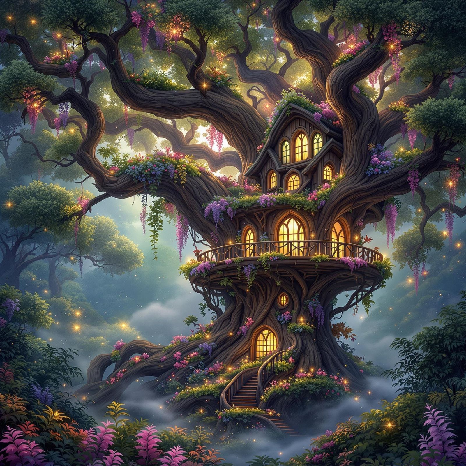 Enchanted Treehouse Amidst Vibrant Emerald Forest