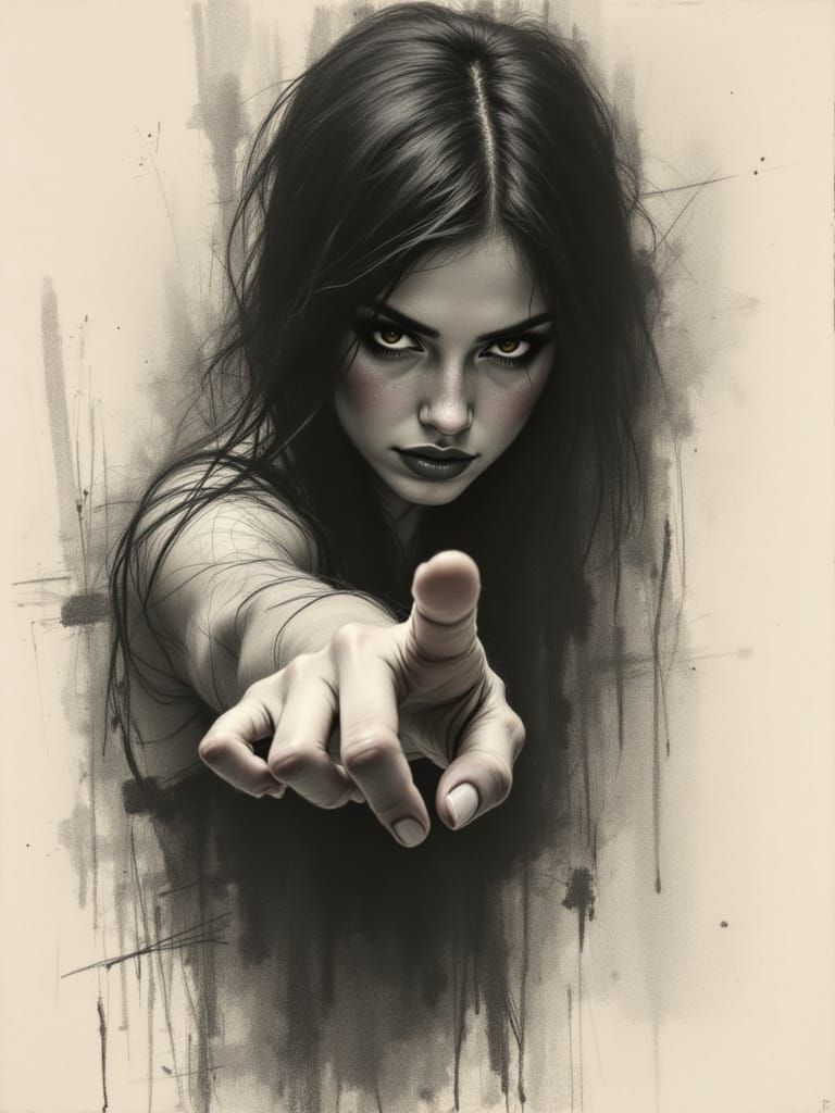 Intense Woman Reaches Out with Shadowed Eyes in Charcoal Ske...