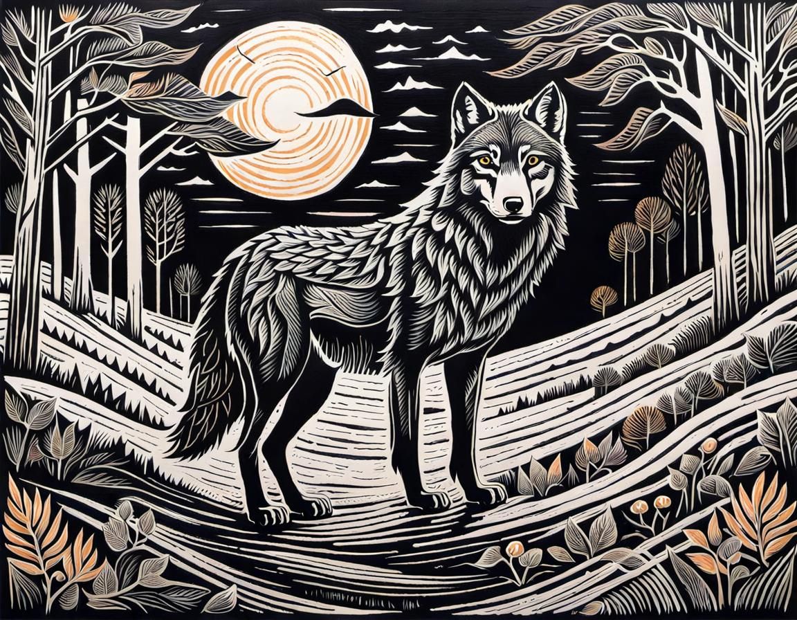 Wolf in Ink Linoprint Style