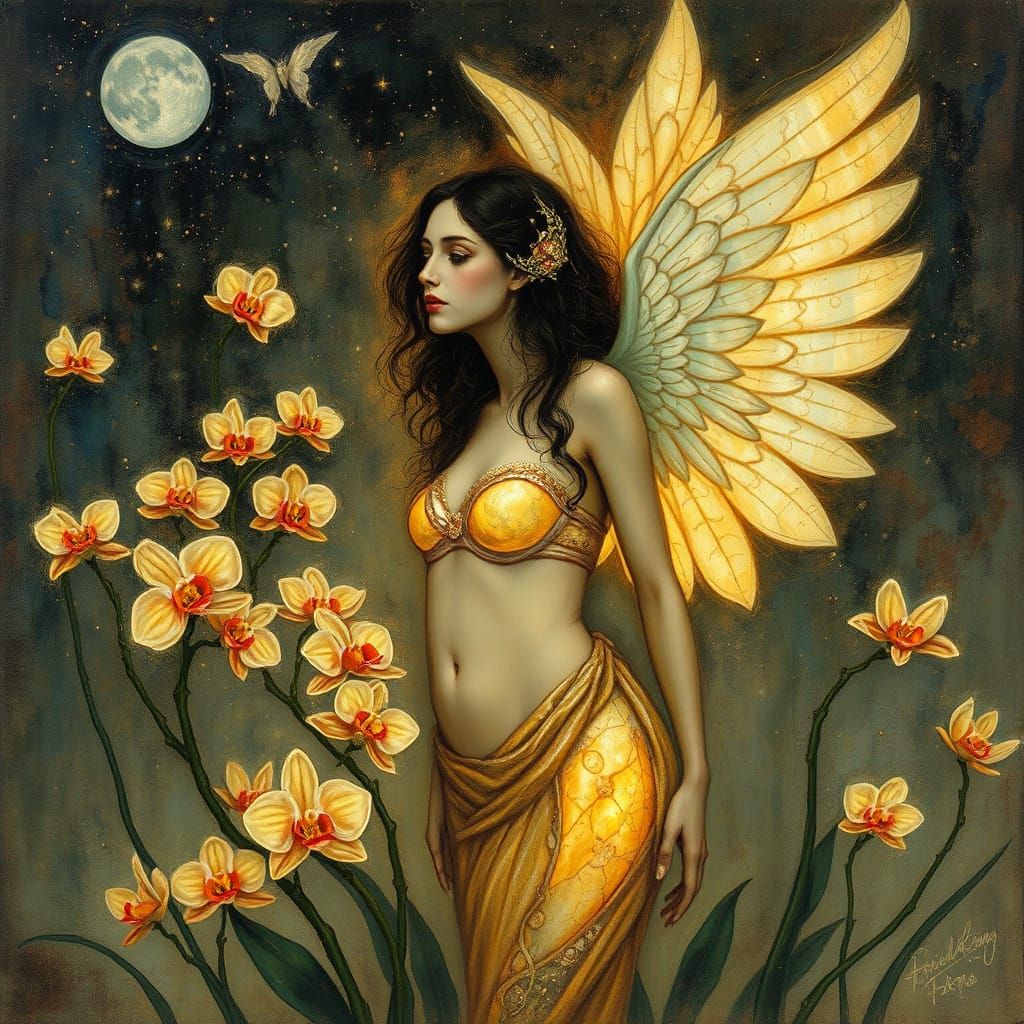 Celestial Being Amidst a Luminous Orchid Paradise in Pearles...