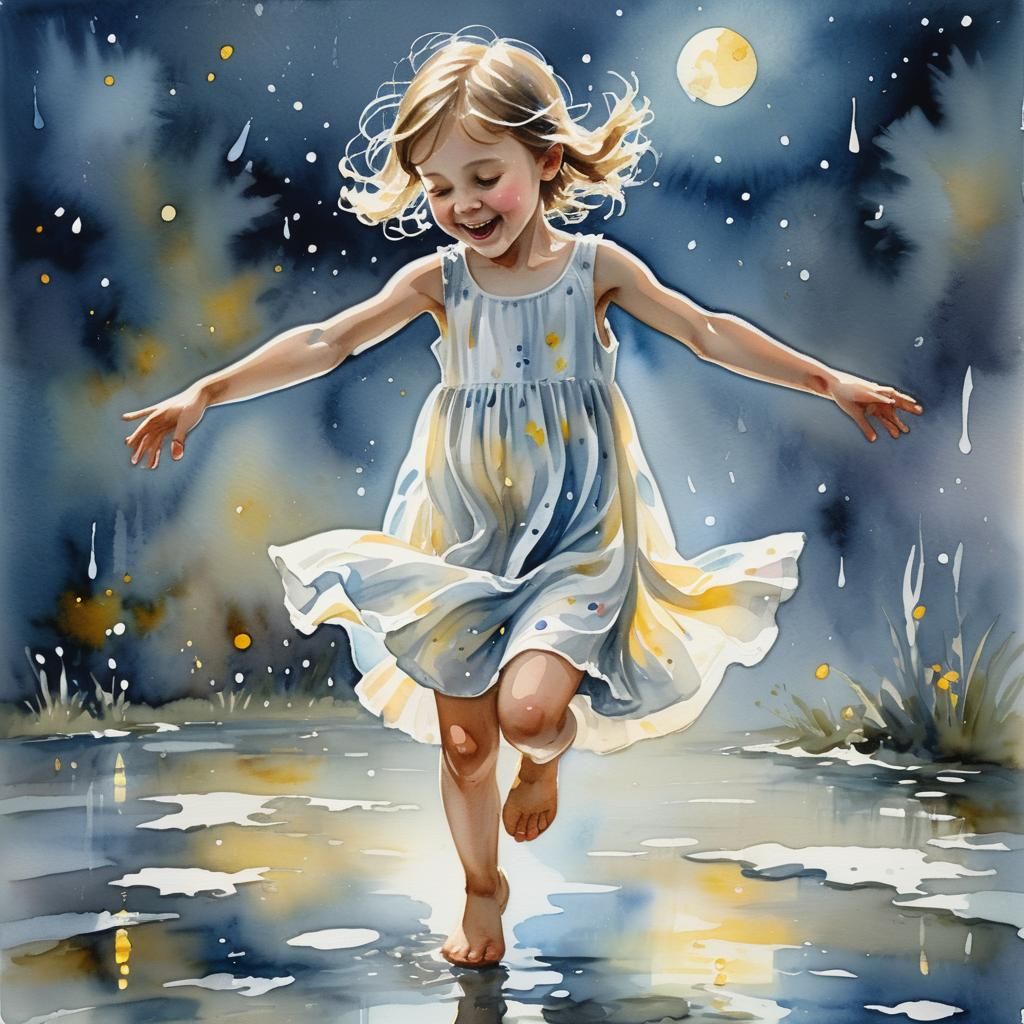Child Dancing in Puddle: Whimsical Watercolor Illustration