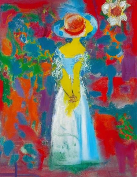 Whimsical Lady in a Dreamlike Cobblestone Street Scene