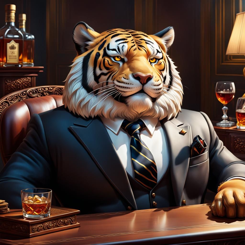 Anthropomorphic Tiger Relaxing in Cosy Office, Hyperrealisti...