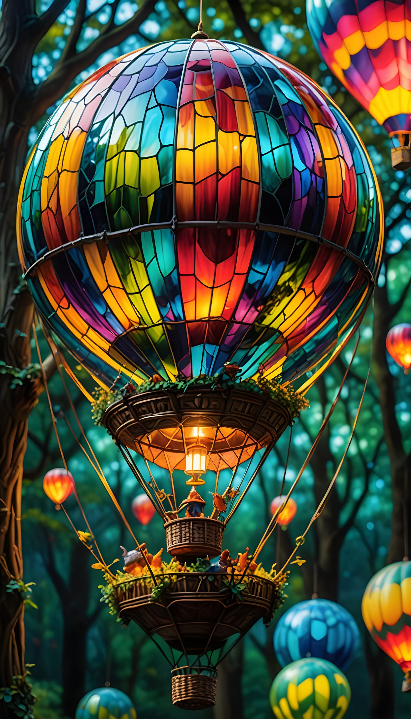 Stained Glass Balloon in Glass Sphere, Surreal Oil Painting