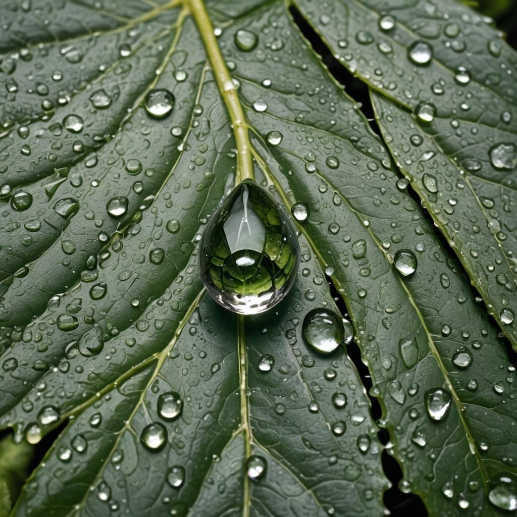 Macro Water Droplet Reflects Leaf Detail