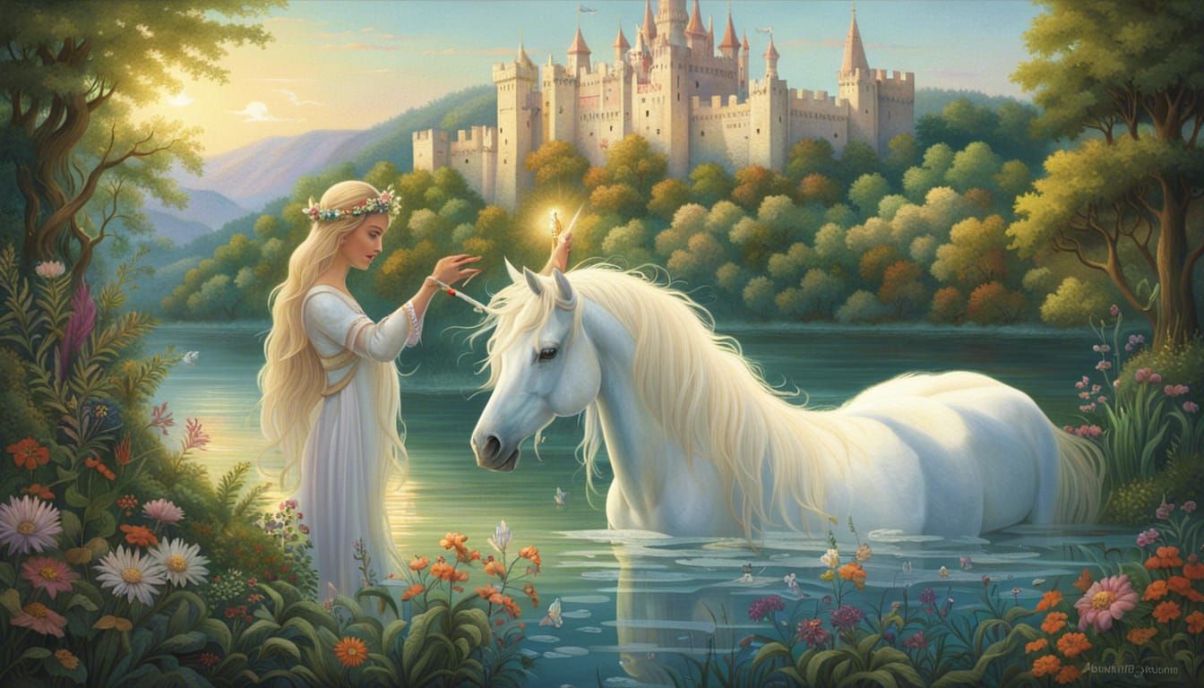 Fairy and Unicorn by Lake in Romantic Style
