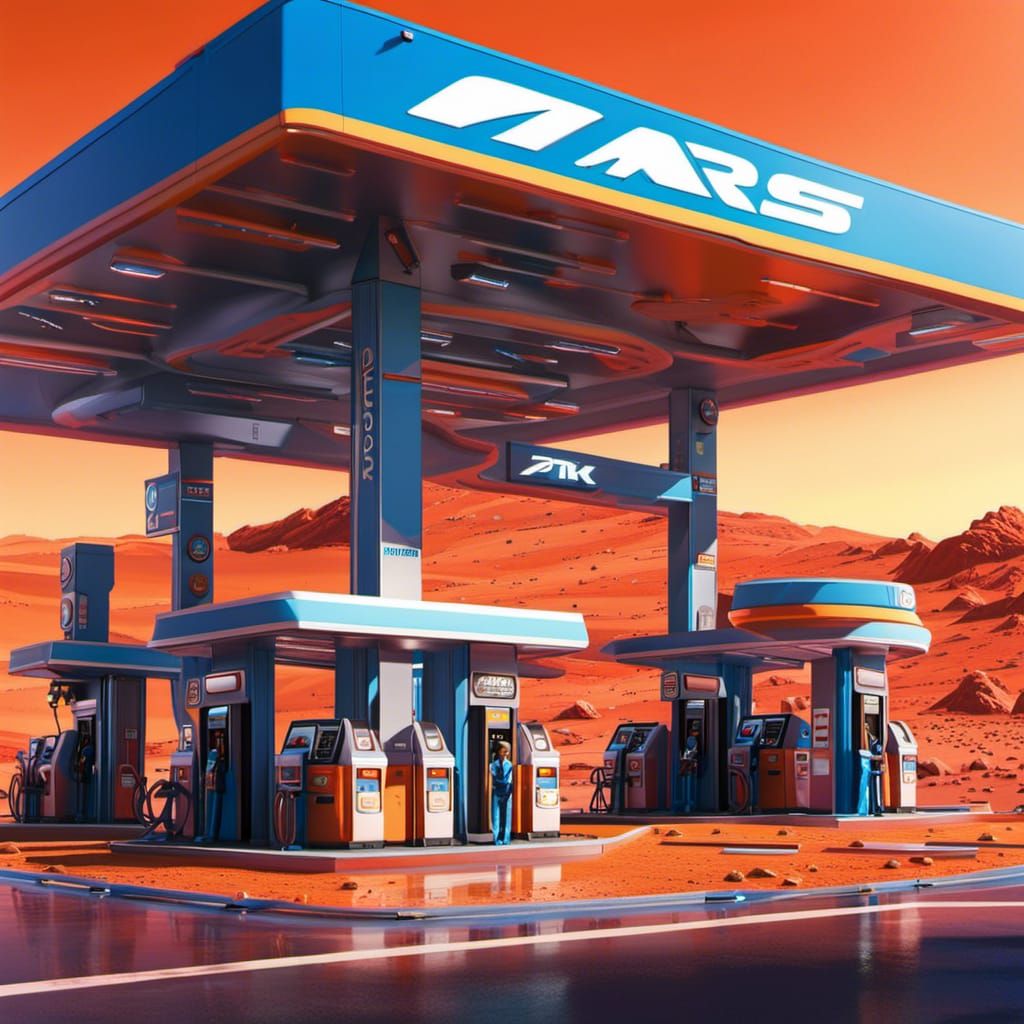Martian Gas Station in Hyperrealistic Splash Art