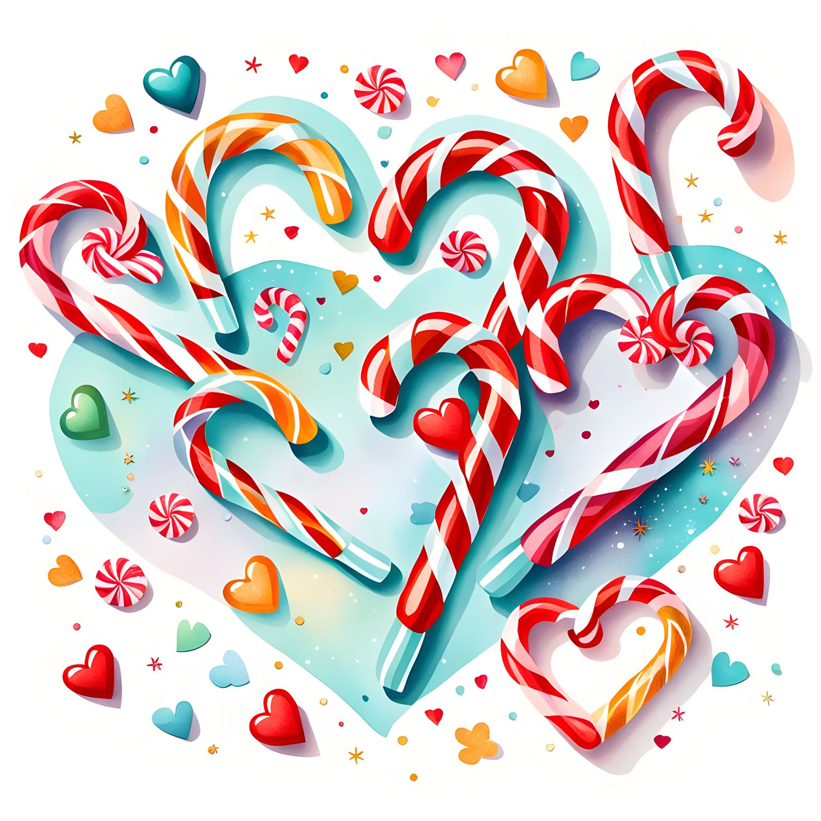 Whimsical Christmas Hearts and Candy Canes Wallpaper