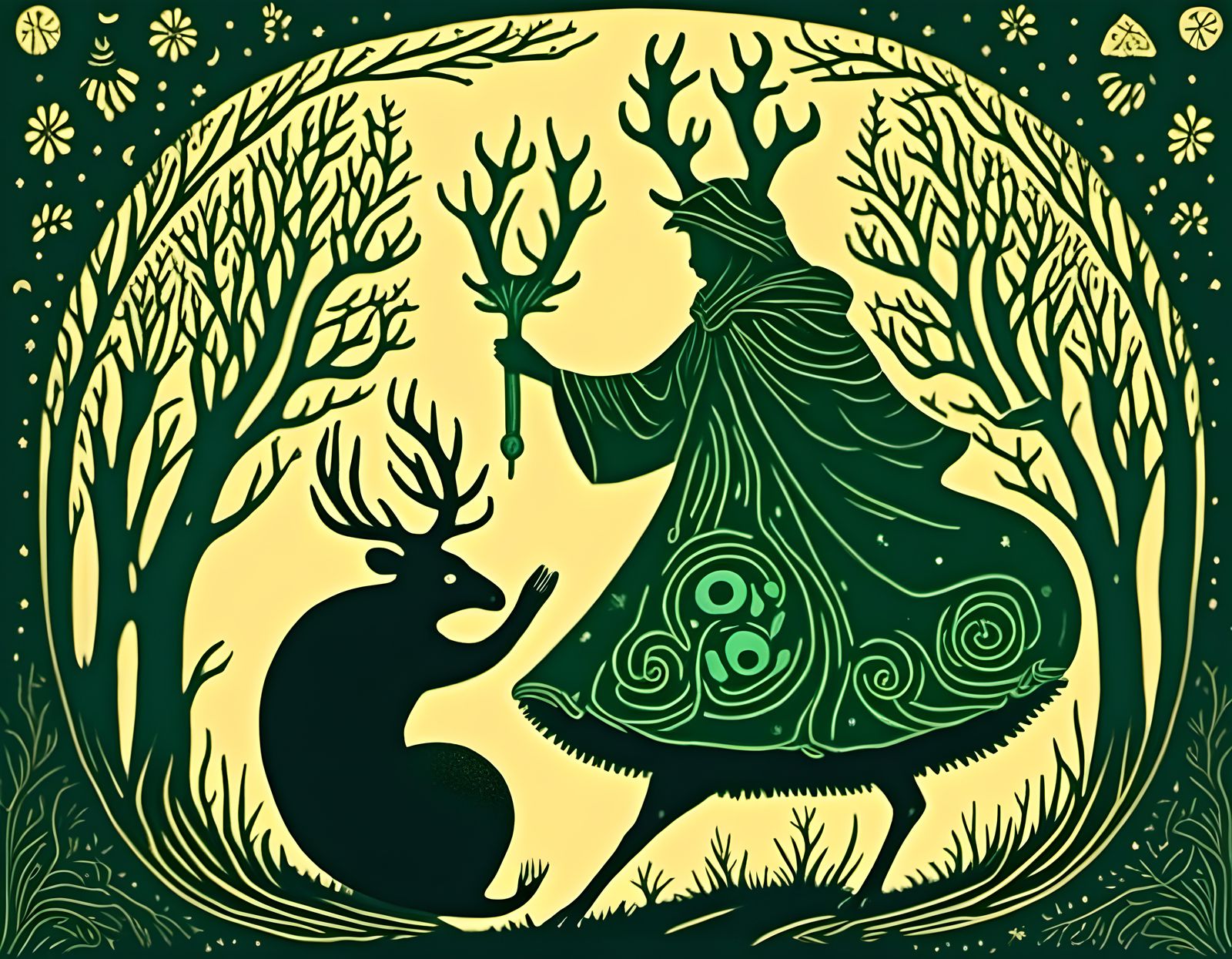 Pagan Priests and Cernunnos in Forest at Night