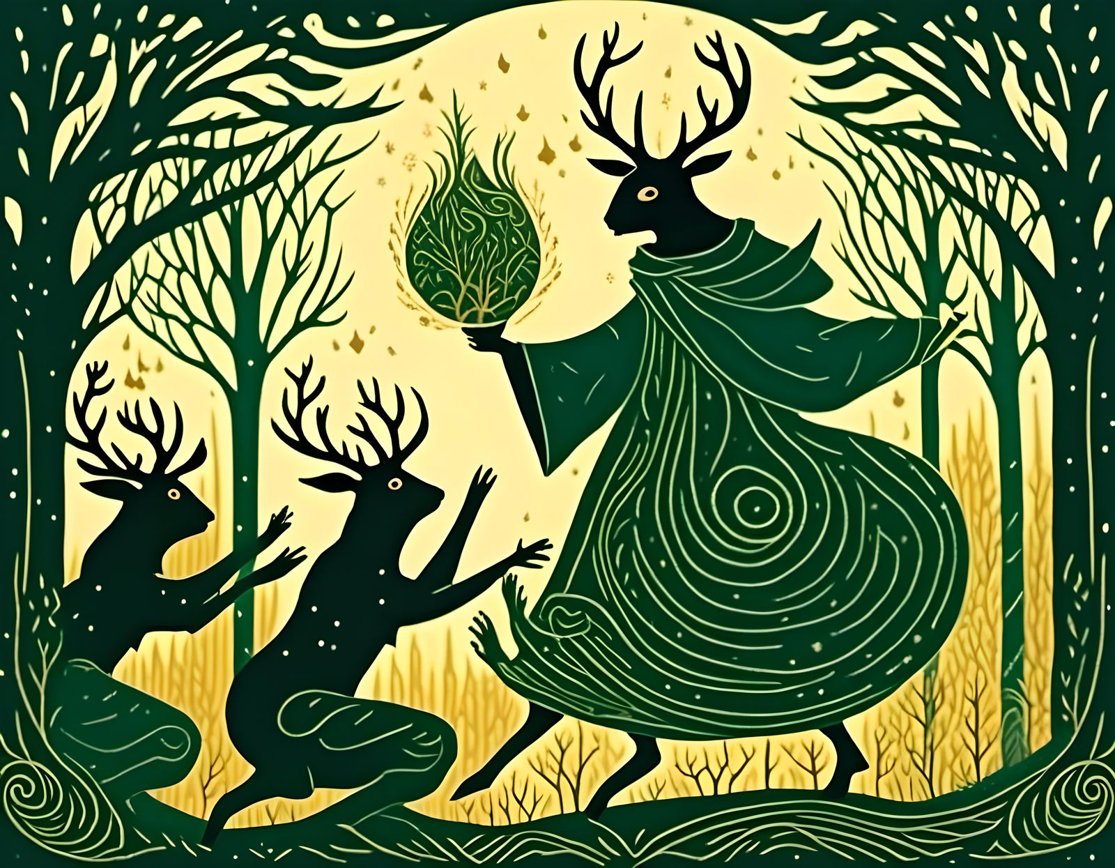 Pagan Priests and Cernunnos in Forest Light