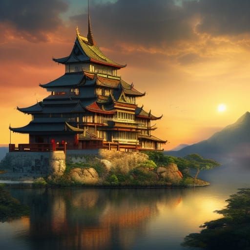 Asian Castle at Sunset: Digital Matte Painting
