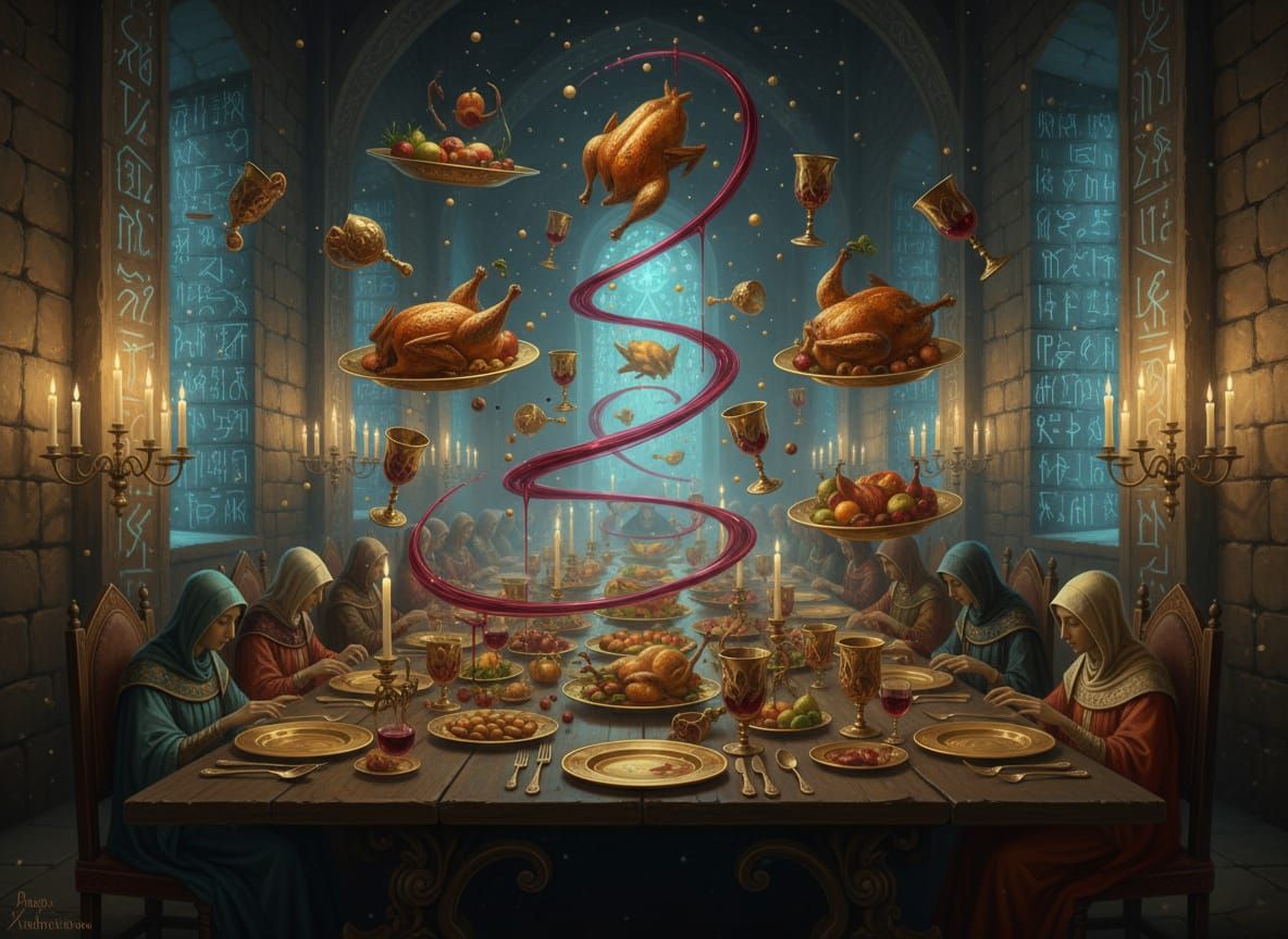 Enchanted Medieval Banquet with Floating Food in Candlelight