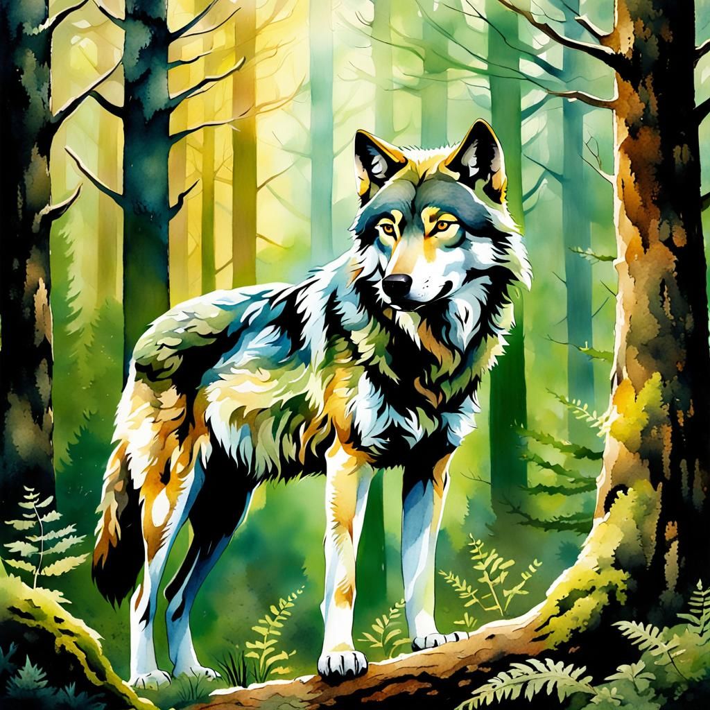Watercolor Wolf in Golden Forest Light