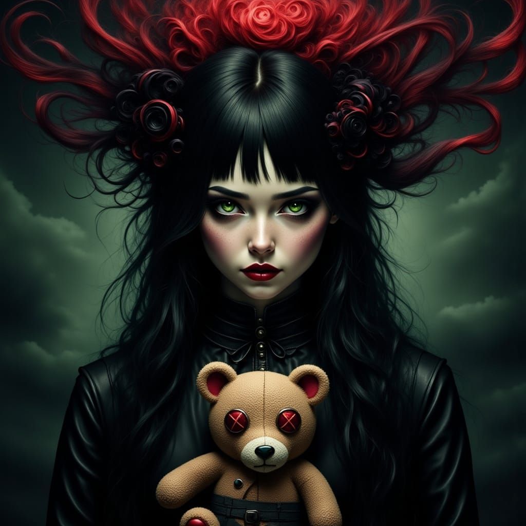 Ethereal Goth Woman with Dark Beauty and Mysterious Teddy Be...