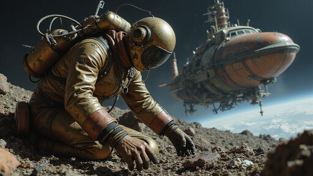 Steampunk Astronaut in Gritty Space Debris
